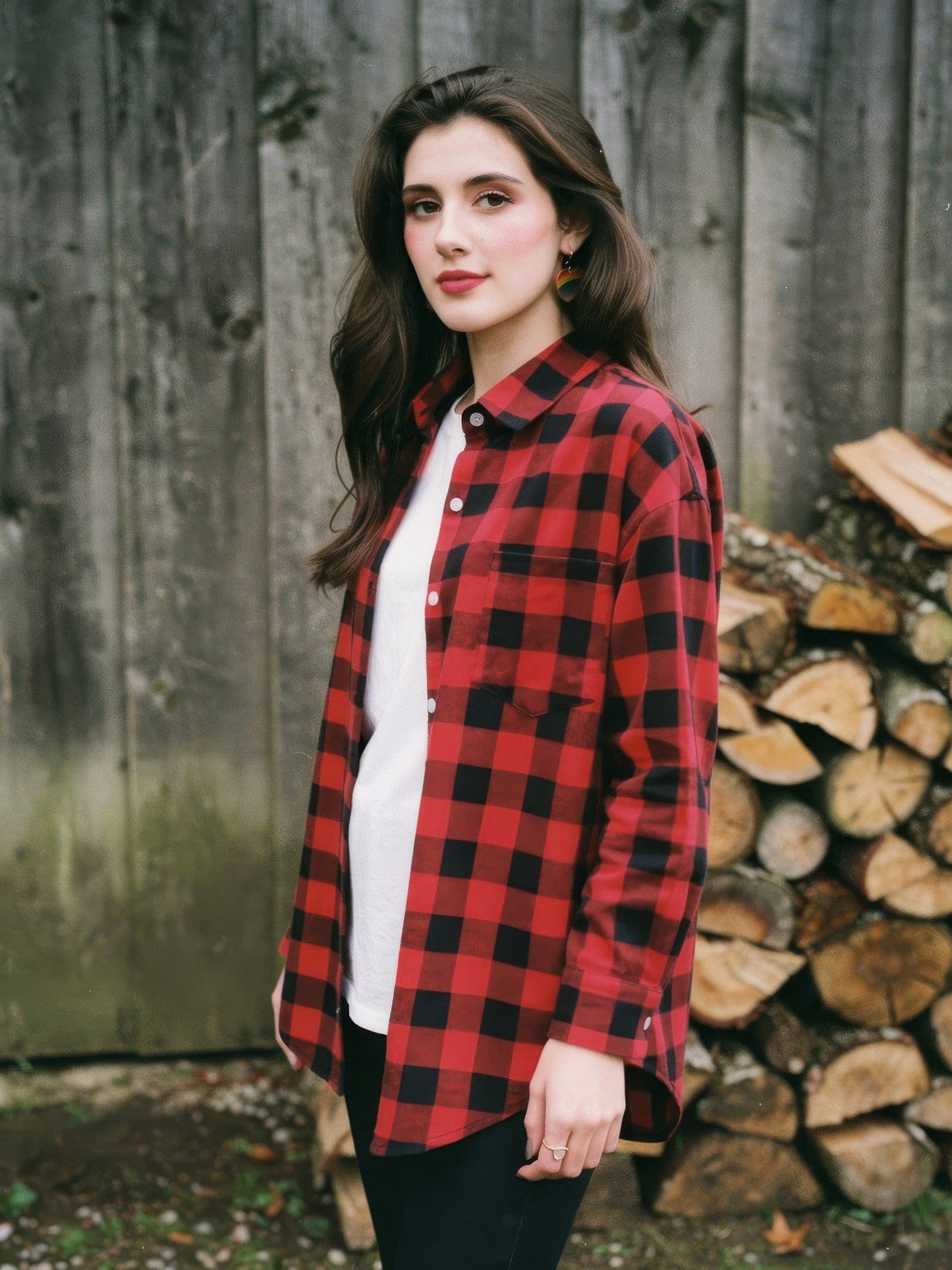 Woman wearing a red and black check flannel overshirt beside a timber barn
