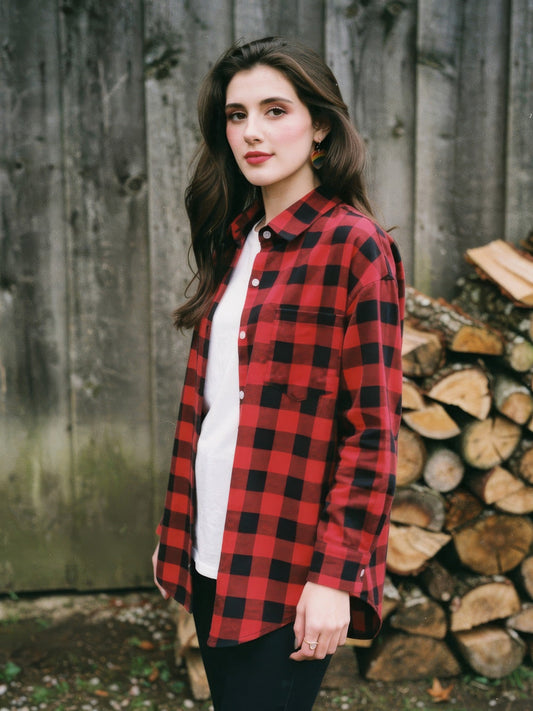 Woman wearing a red and black check flannel overshirt beside a timber barn