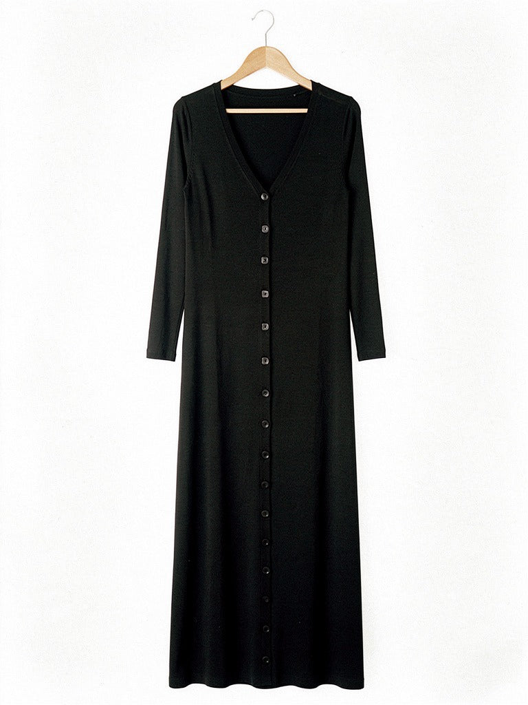 Ribbed maxi dress in Black on a wooden hanger, front view