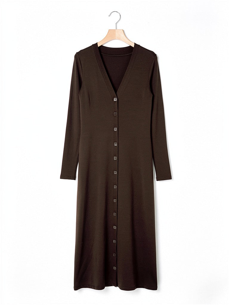 Ribbed maxi dress in Dark Chocolate on a wooden hanger, front view