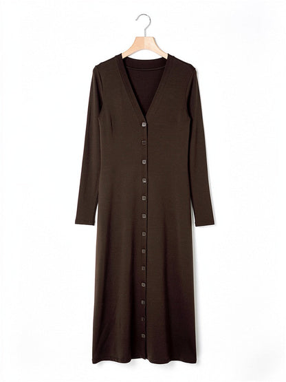 Ribbed maxi dress in Dark Chocolate on a wooden hanger, front view