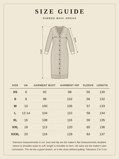 Size guide for the Laverton ribbed maxi dress, UK 6 to 20