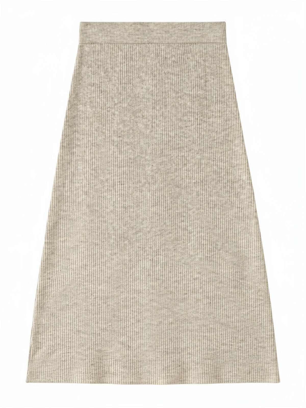 Ribbed midi skirt in porridge oatmeal, hung flat to show the plain ribbed waistband, the fine vertical rib and the wide level hem