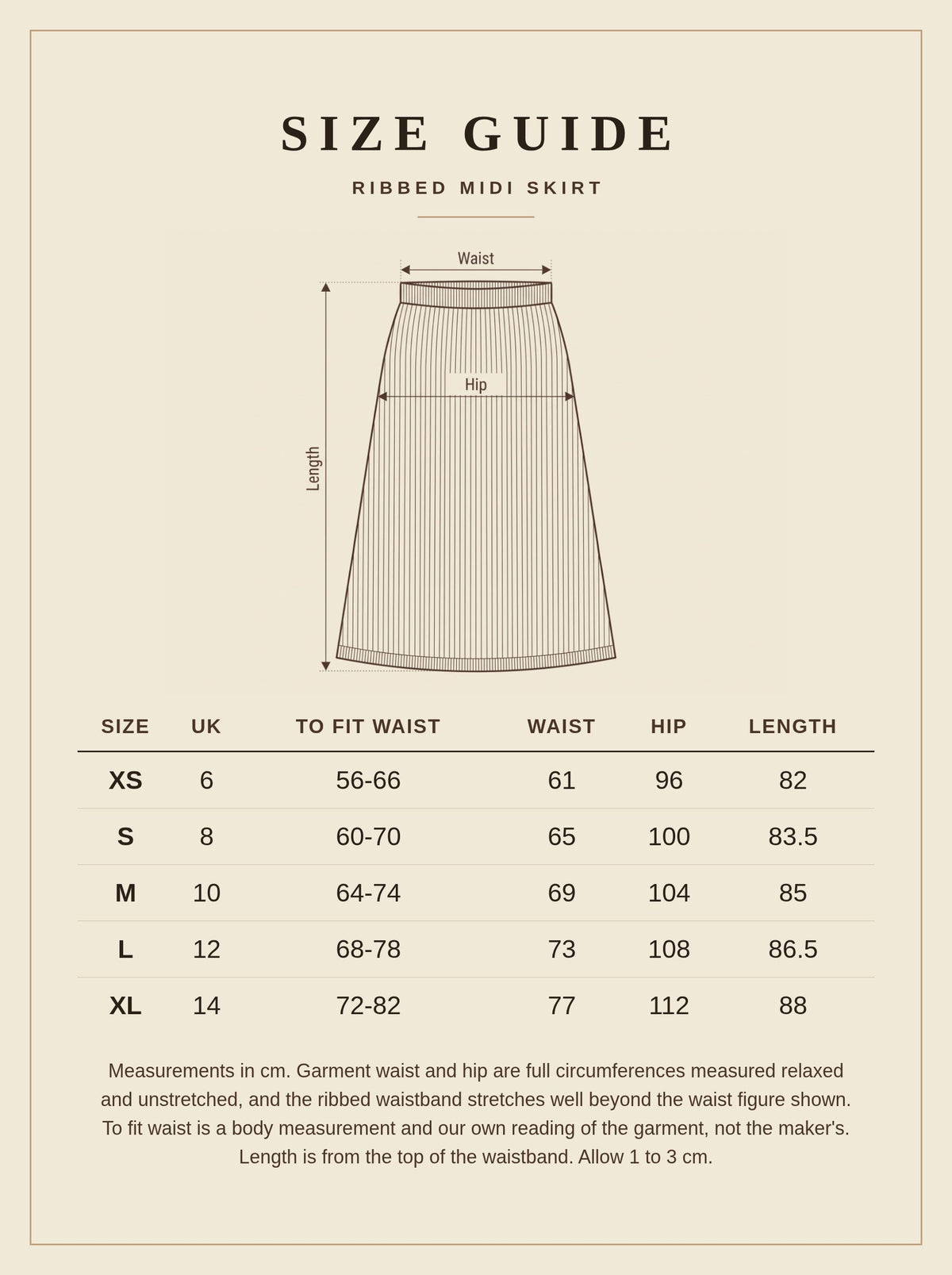 Size guide for the ribbed midi skirt: sizes XS to XL, UK 6 to UK 14, with to fit waist, garment waist, hip and length in centimetres