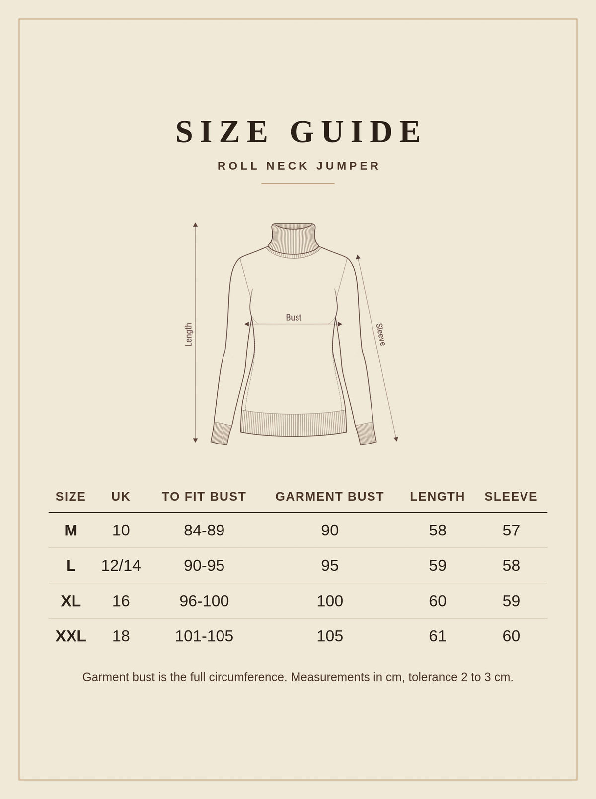 Size guide for the roll neck jumper, UK 10 to 18, measurements in centimetres