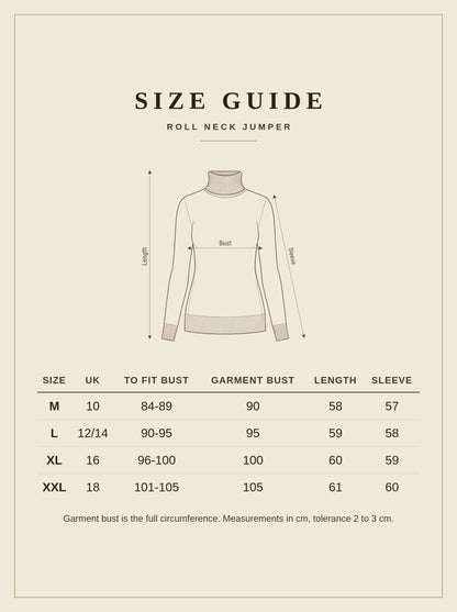 Size guide for the roll neck jumper, UK 10 to 18, measurements in centimetres