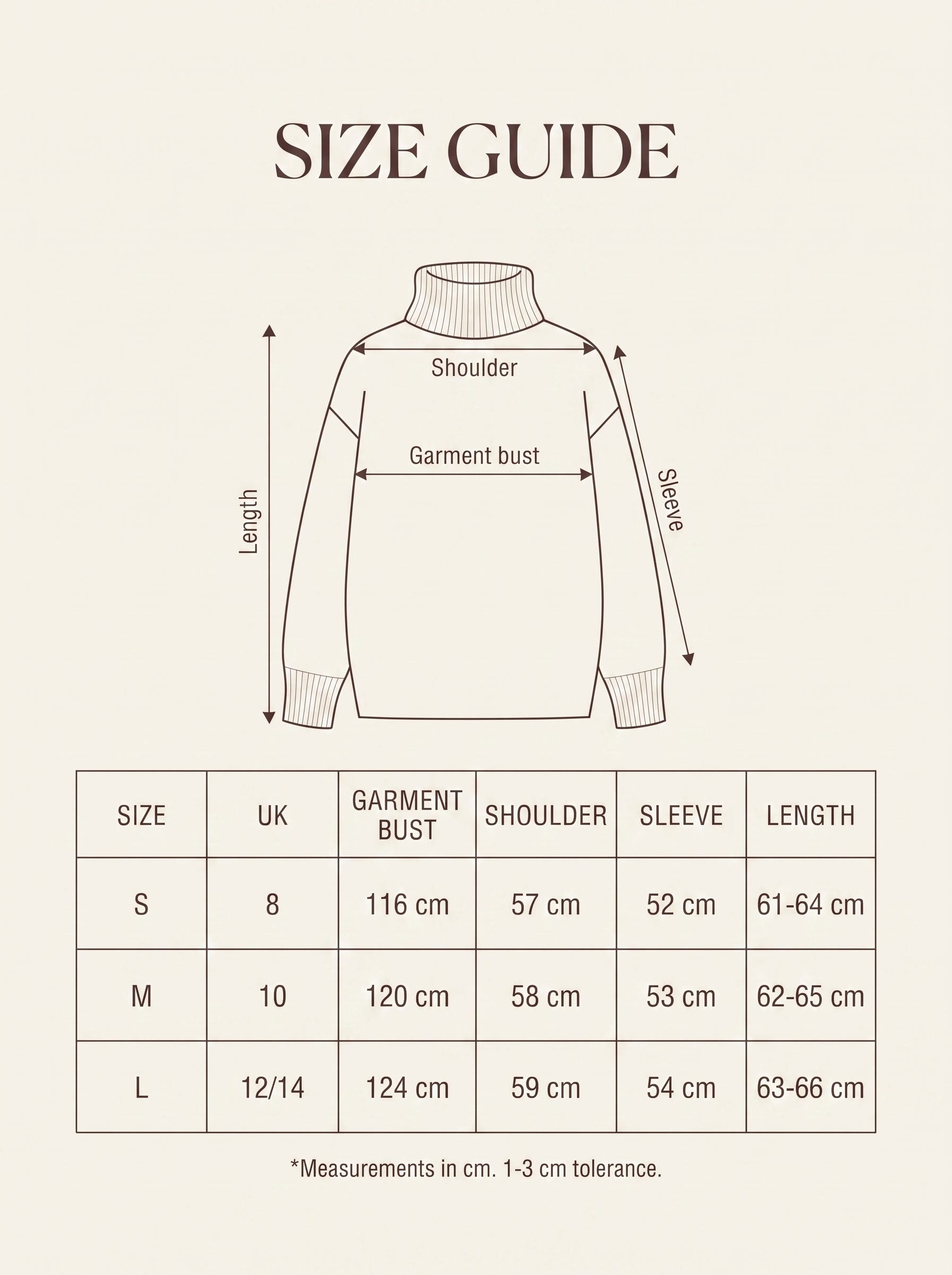 Size guide with garment measurements for the oversized roll neck jumper