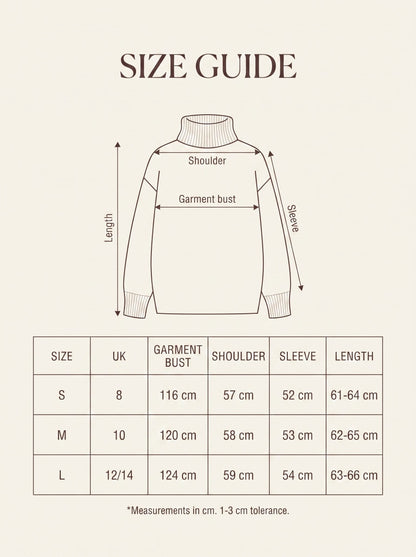 Size guide with garment measurements for the oversized roll neck jumper