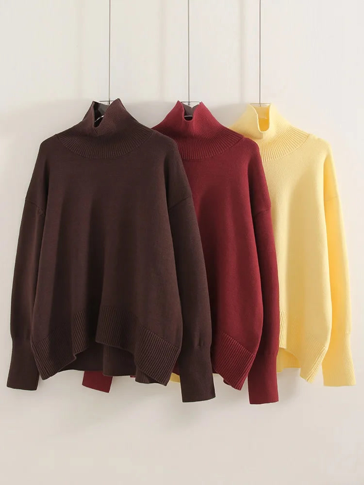 The oversized roll neck jumper in all three colours: chocolate brown, wine red and butter yellow