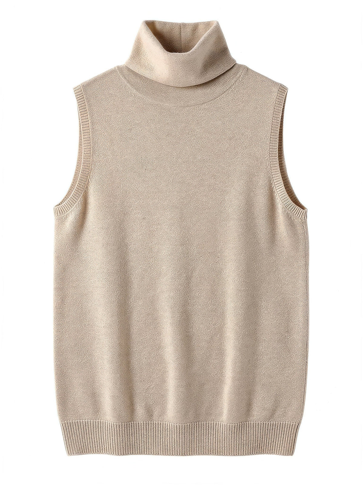 Biscuit merino roll neck knitted vest shown front on