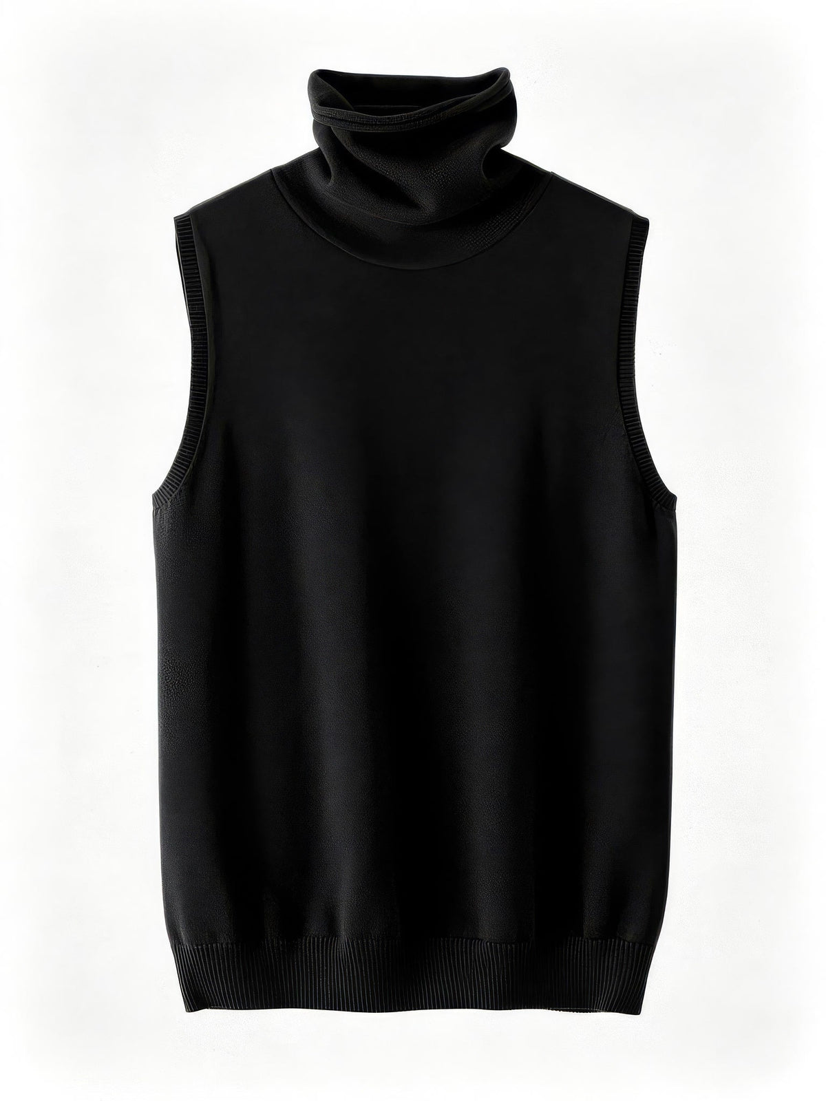 Black merino roll neck knitted vest shown front on