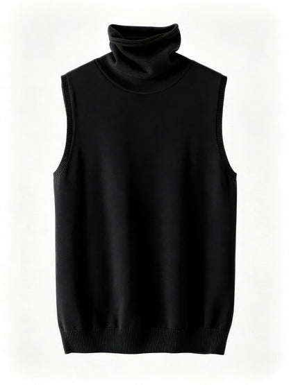Black merino roll neck knitted vest shown front on