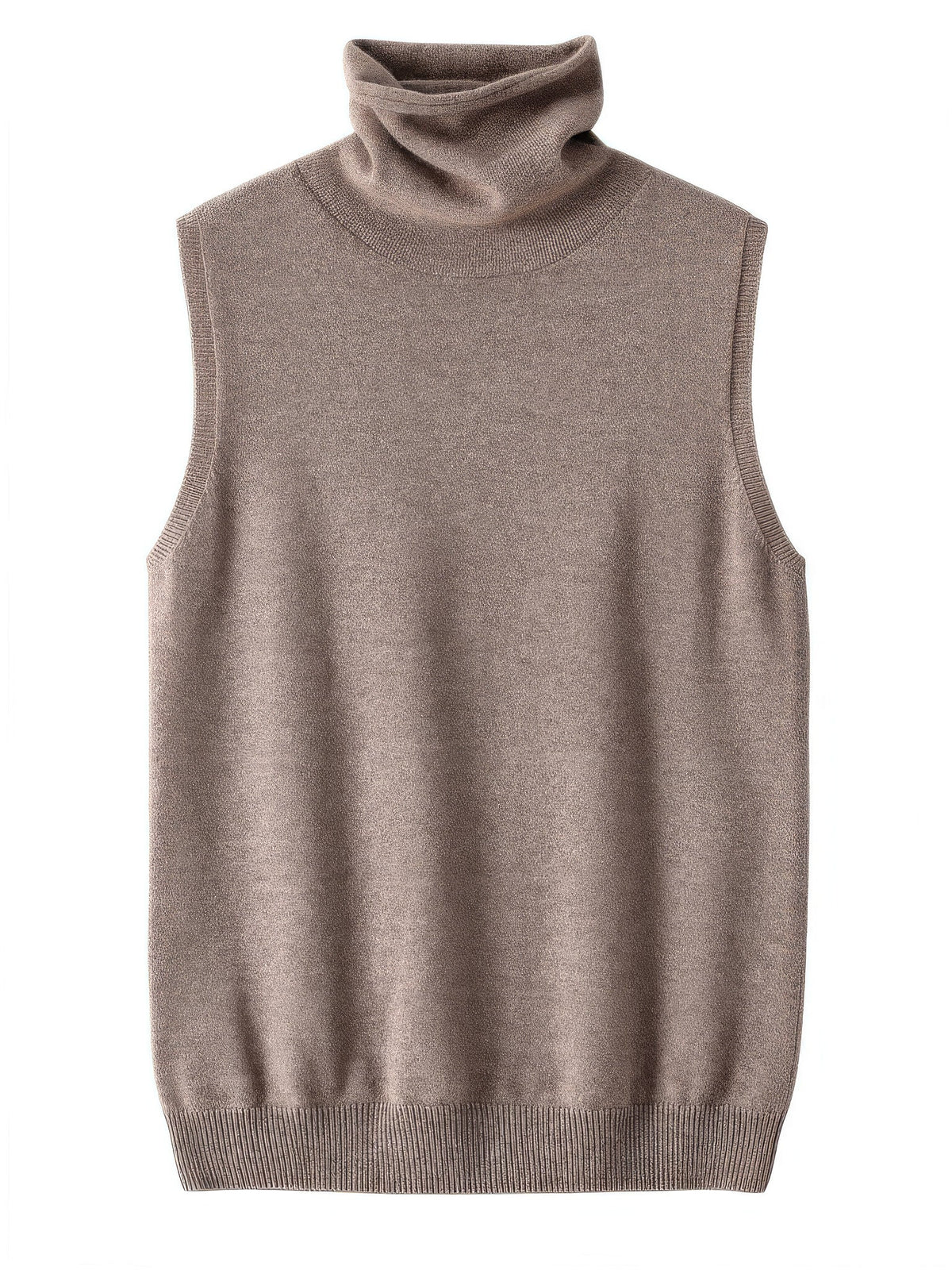 Mushroom merino roll neck knitted vest shown front on