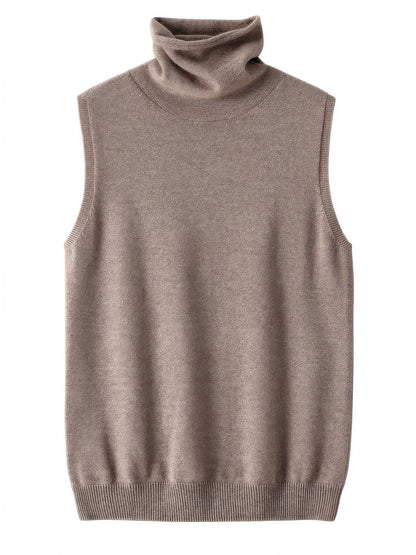 Mushroom merino roll neck knitted vest shown front on