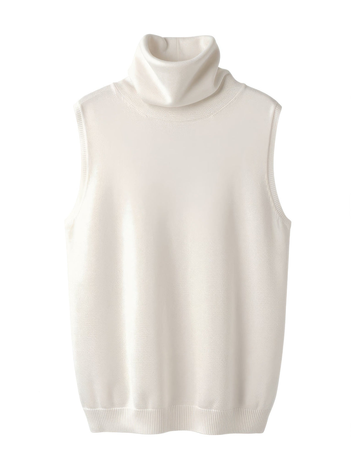 Porcelain merino roll neck knitted vest shown front on