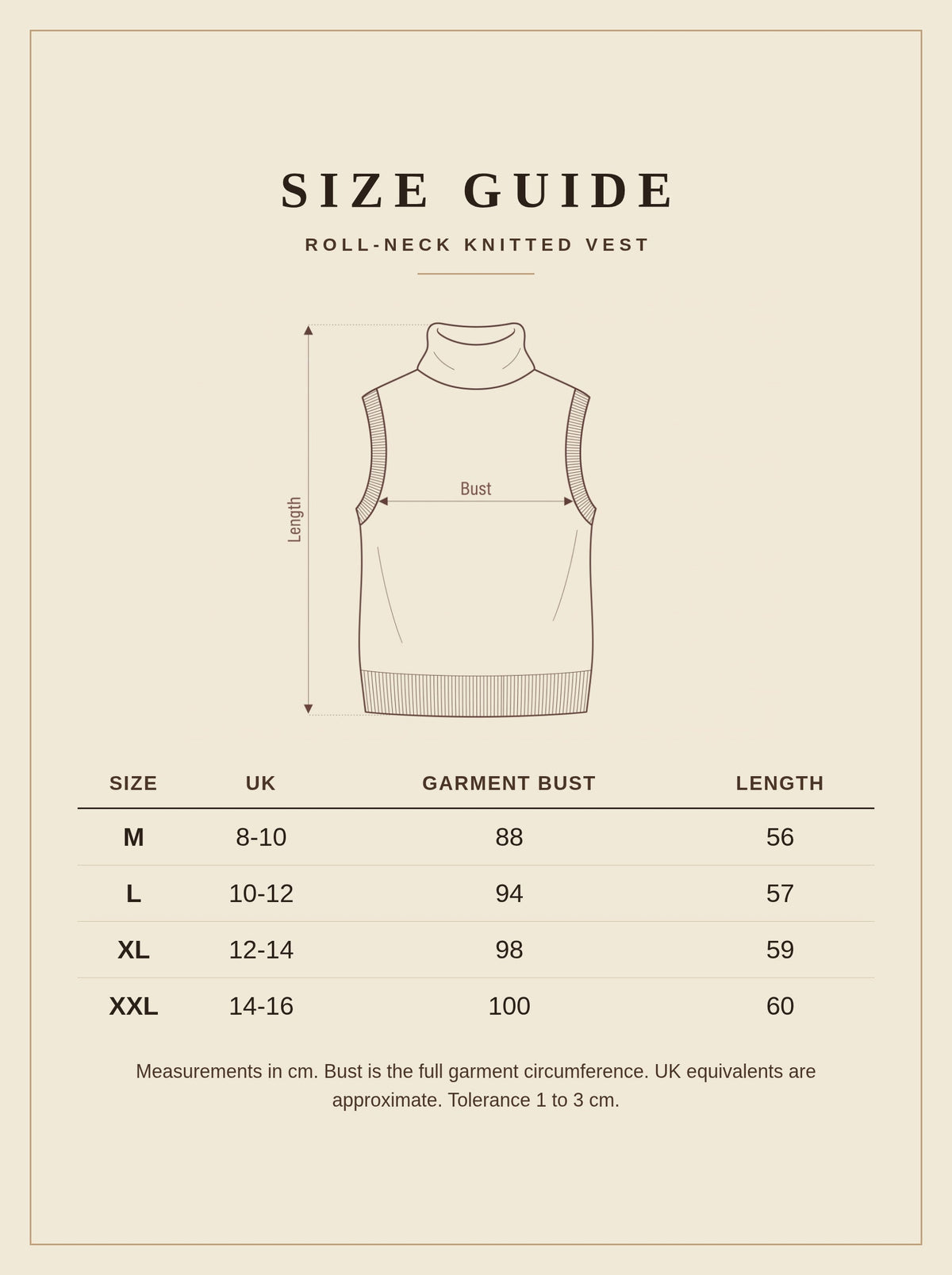 Size guide for the roll neck knitted vest with garment measurements in cm