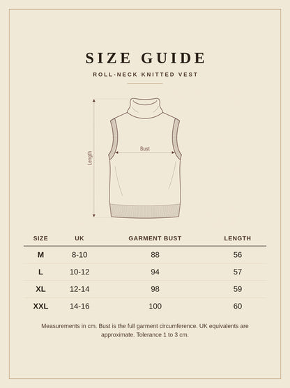 Size guide for the roll neck knitted vest with garment measurements in cm