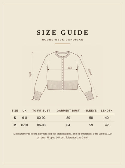 Harlbury size guide for the Halstead cropped round-neck cardigan, sizes S and M in cm