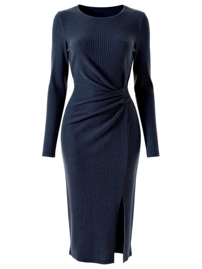 Ink blue twist-front ruched midi dress, front view
