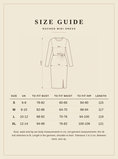 Size guide for the ruched midi dress, UK sizes 6 to 14