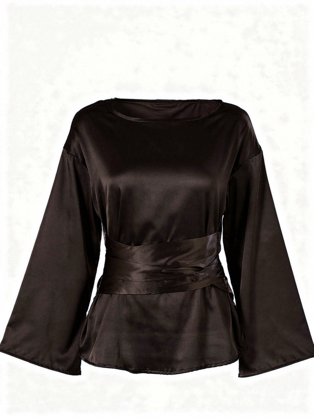 Chocolate satin blouse with a wide boat neck and wrapped tie sash, front view
