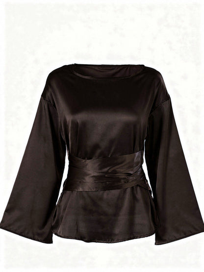 Chocolate satin blouse with a wide boat neck and wrapped tie sash, front view