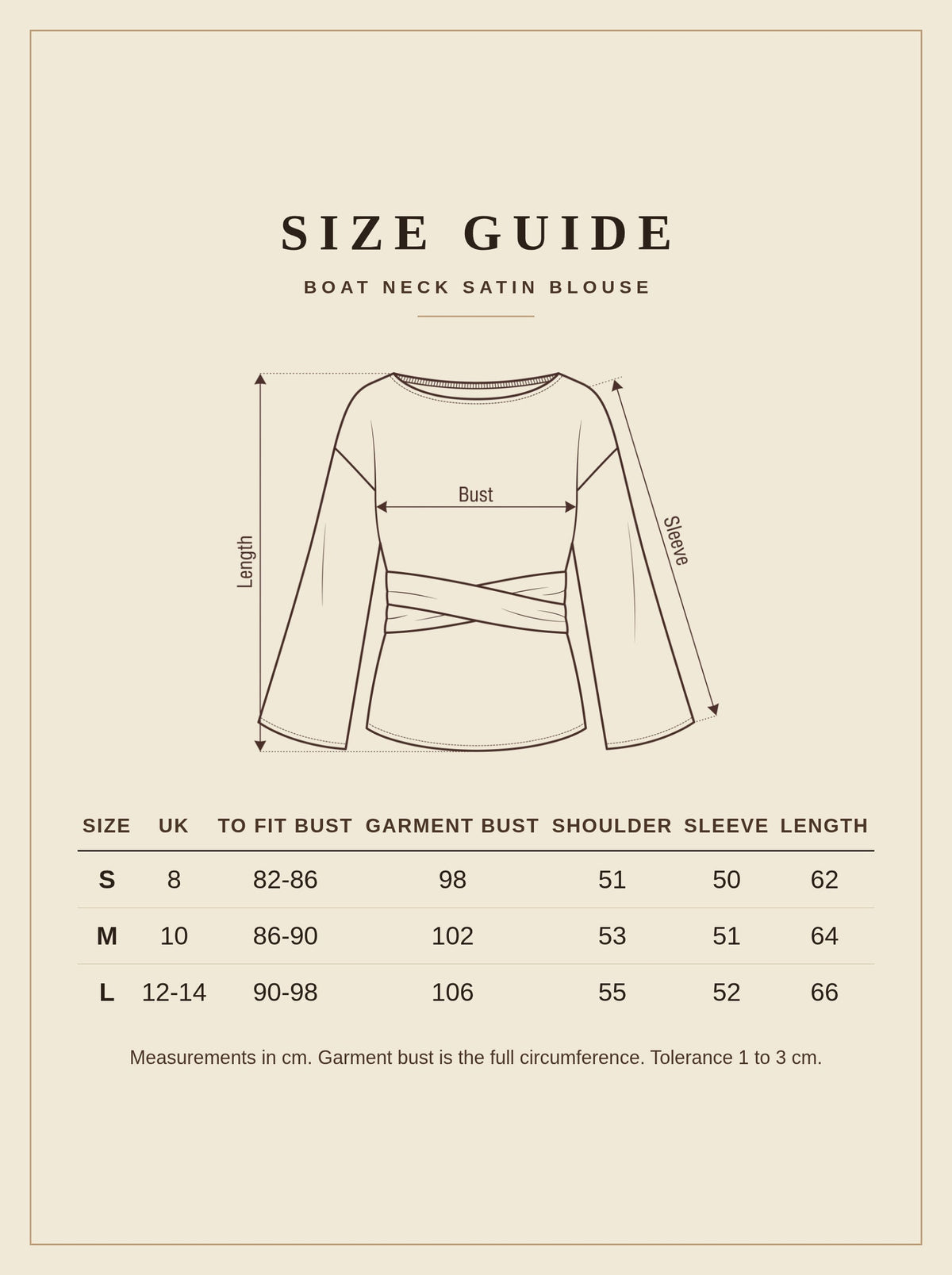 Size guide for the Cranham satin blouse, sizes S to L