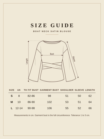 Size guide for the Cranham satin blouse, sizes S to L
