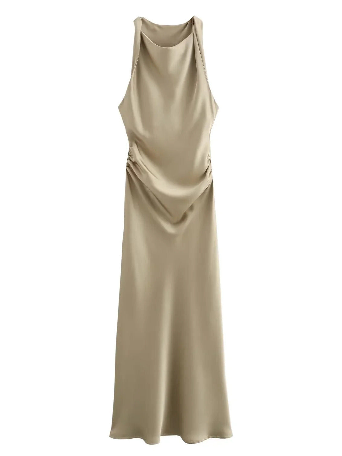 Satin maxi dress with a draped cowl neck in Flax gold beige, front view
