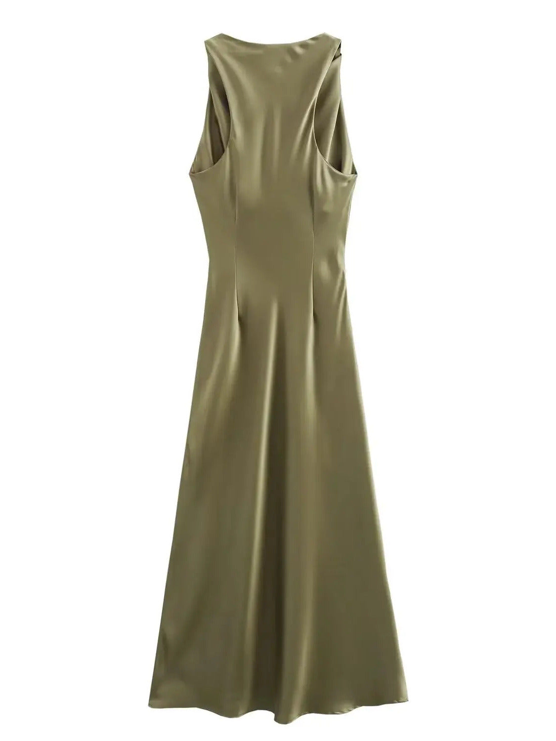 Back view of the satin maxi dress showing the closed back and deep cut-in armholes