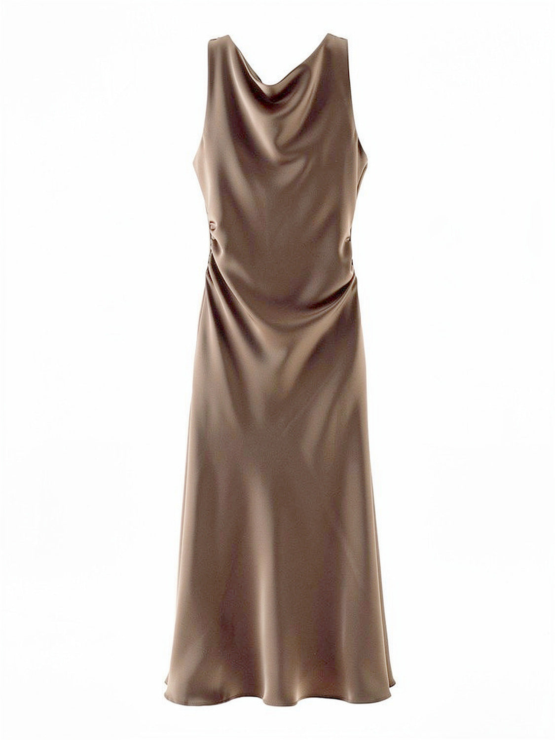 Satin maxi dress with a draped cowl neck in Pecan brown, front view