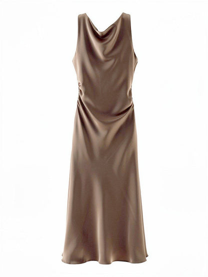 Satin maxi dress with a draped cowl neck in Pecan brown, front view