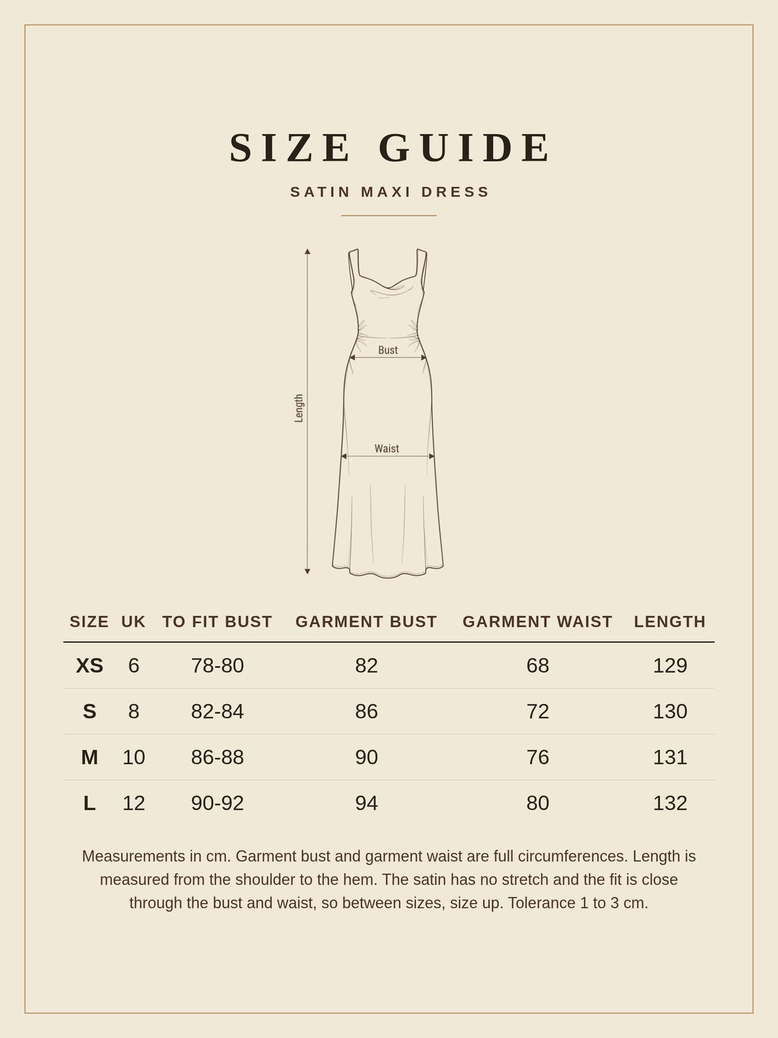 Size guide for the satin maxi dress, sizes XS to L with measurements in centimetres
