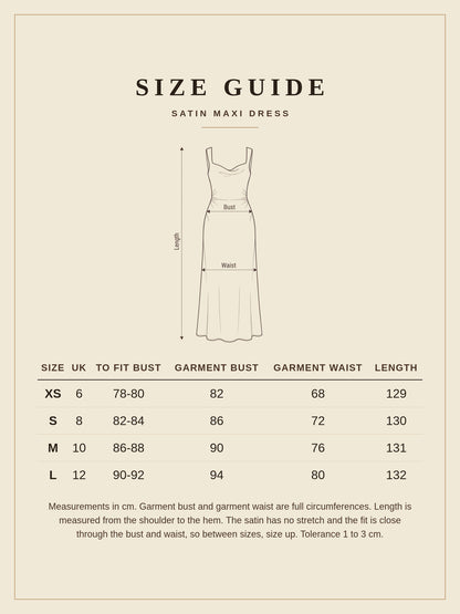 Size guide for the satin maxi dress, sizes XS to L with measurements in centimetres