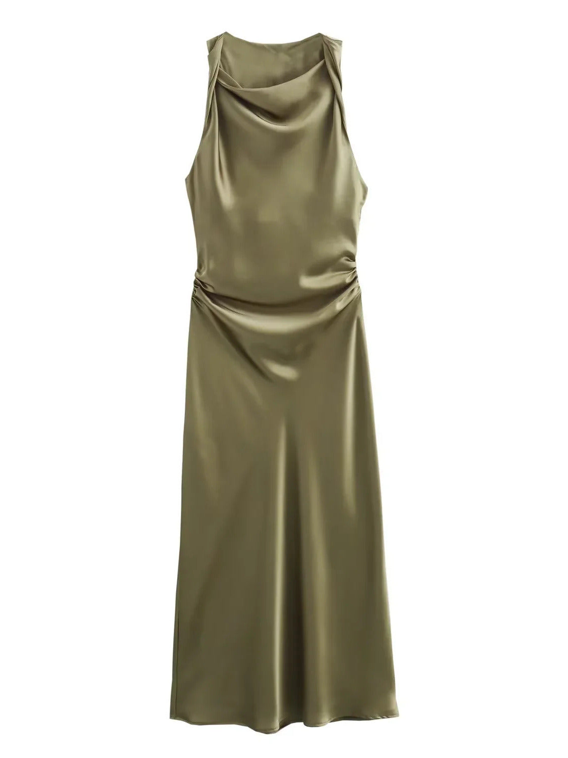 Satin maxi dress with a draped cowl neck in Thyme olive, front view