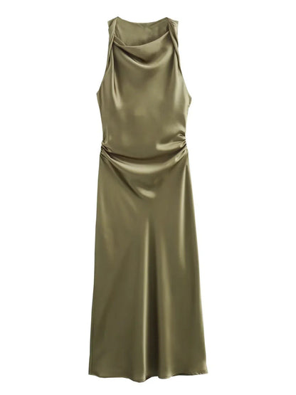 Satin maxi dress with a draped cowl neck in Thyme olive, front view