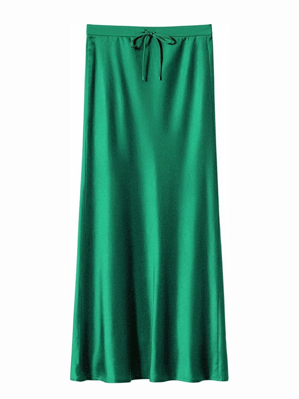 Emerald green satin maxi skirt with a drawstring tie waist, front view