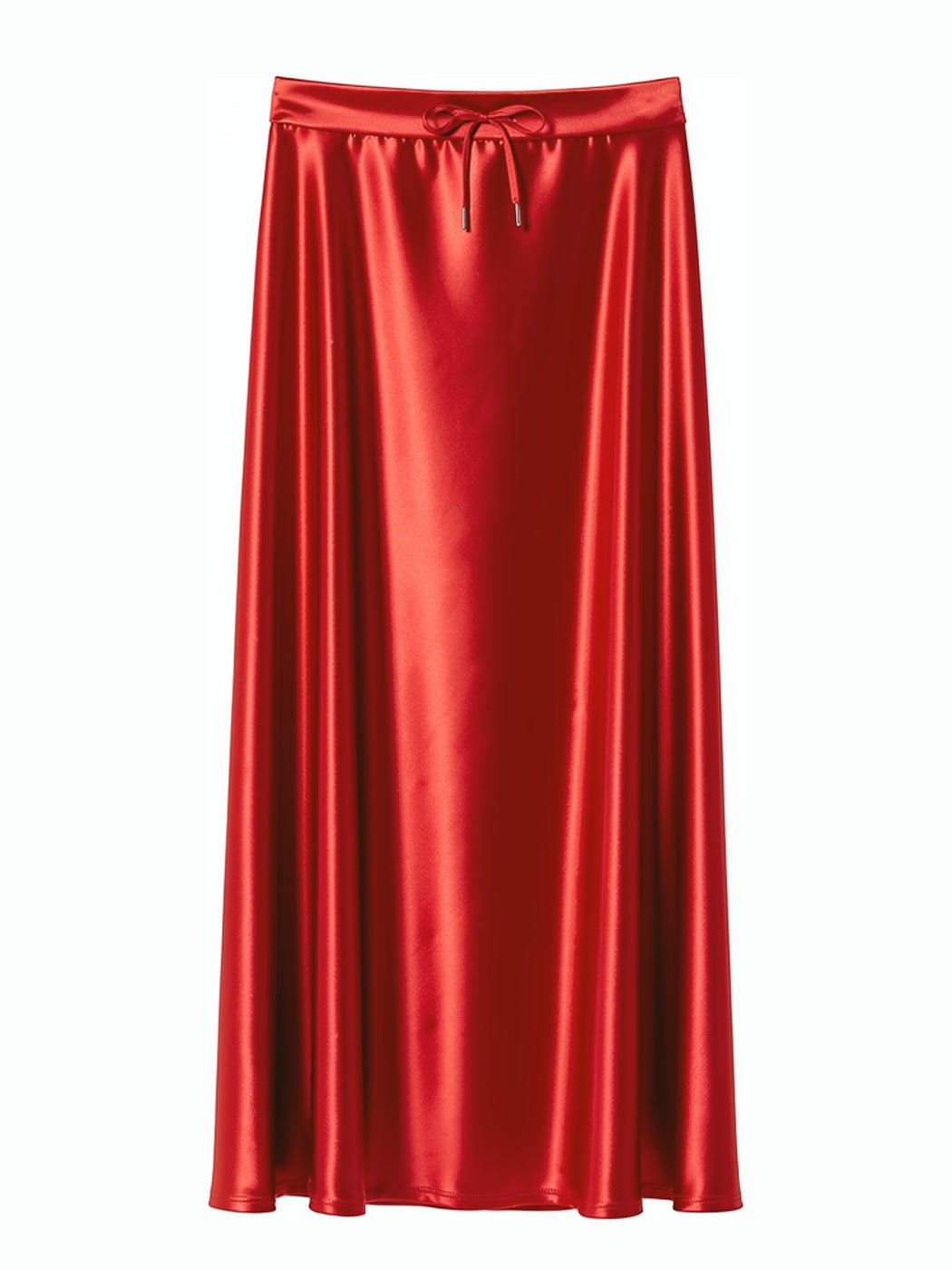 Poppy red satin maxi skirt with a drawstring tie waist, front view