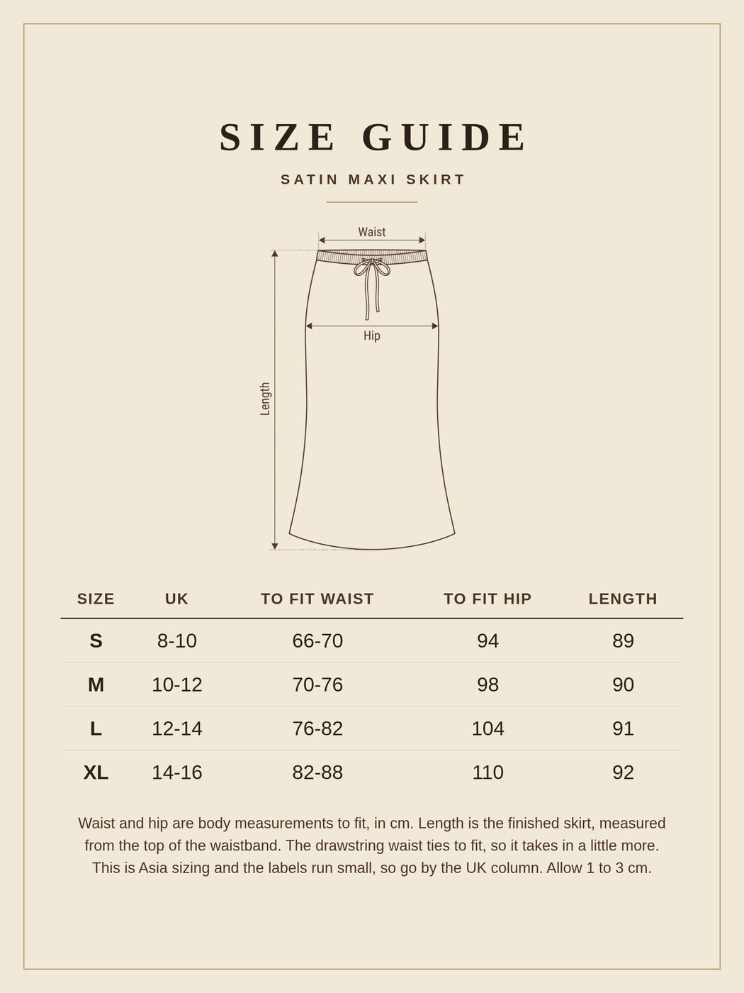 Size guide for the Harlbury satin maxi skirt, sizes S to XL