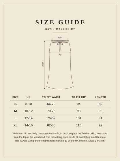 Size guide for the Harlbury satin maxi skirt, sizes S to XL