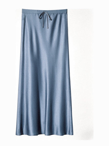Storm blue satin maxi skirt with a drawstring tie waist, front view