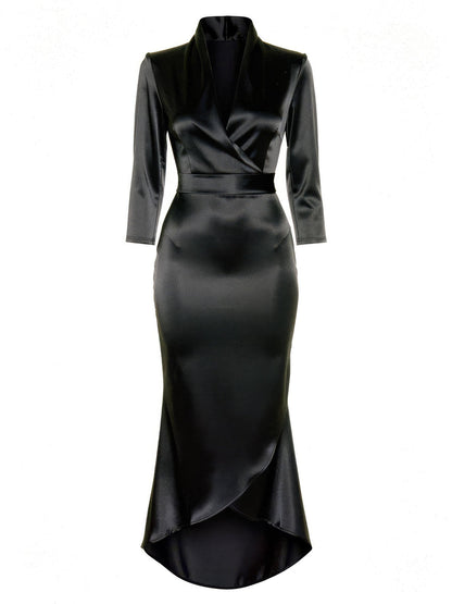 Satin midi dress in Black, front view on an invisible mannequin