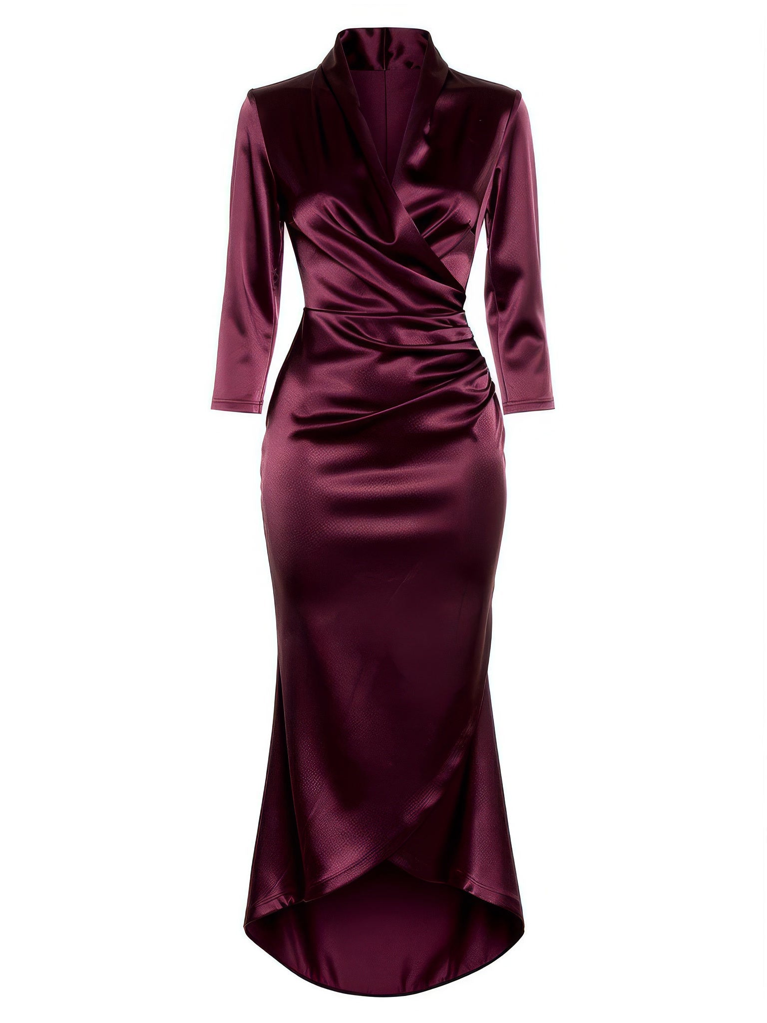 Satin midi dress in Merlot, front view on an invisible mannequin