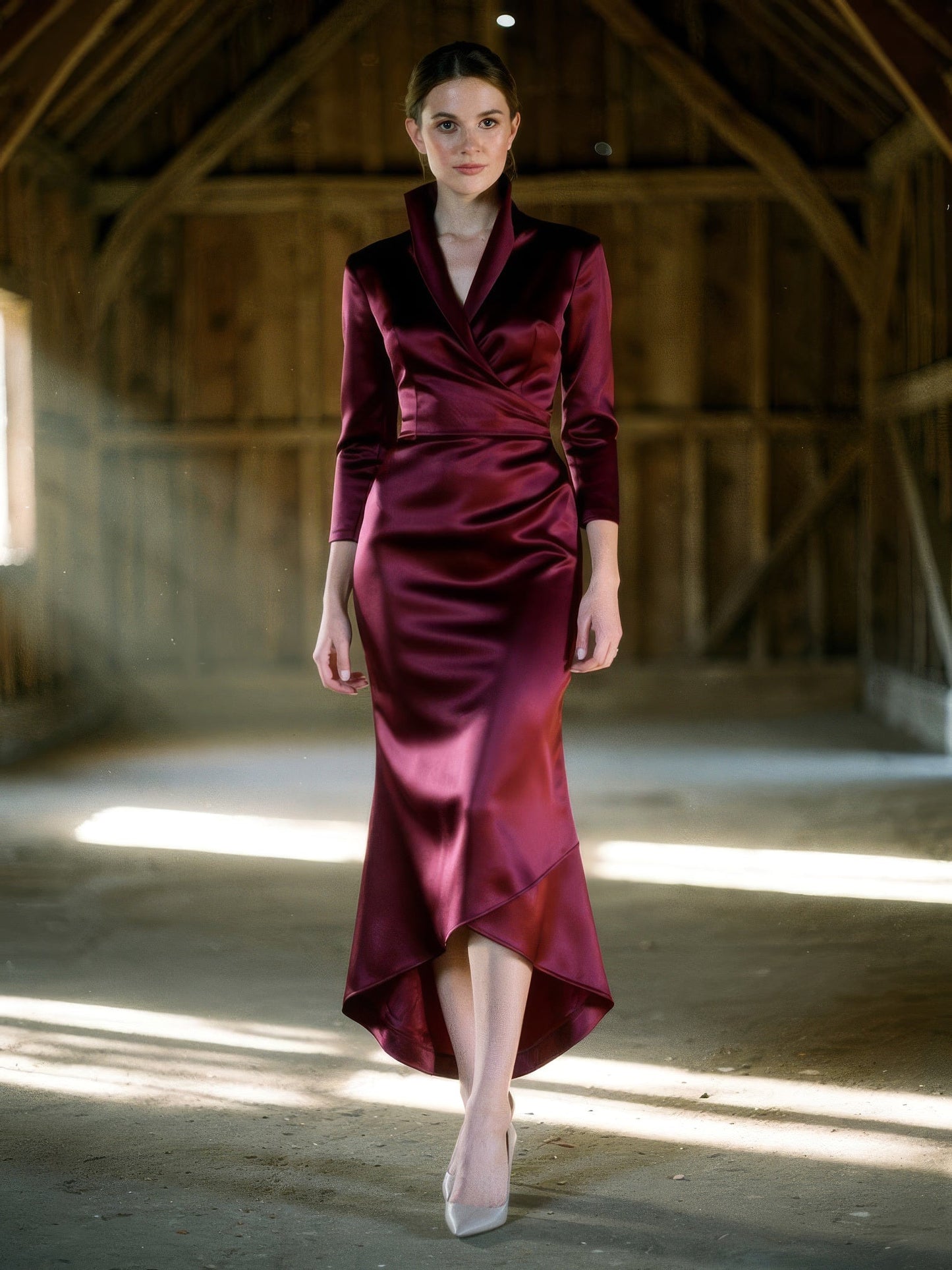 Merlot satin midi dress worn in an English tithe barn, showing the wrap front and asymmetric hem