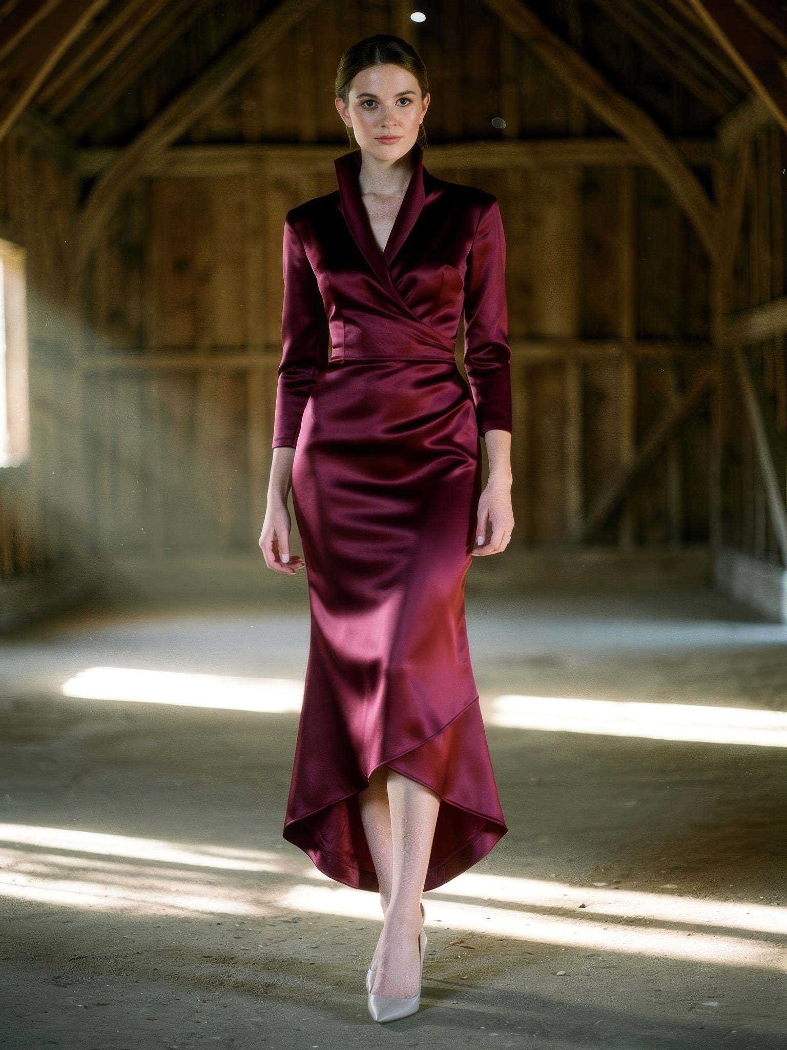 Merlot satin midi dress worn in an English tithe barn, showing the wrap front and asymmetric hem