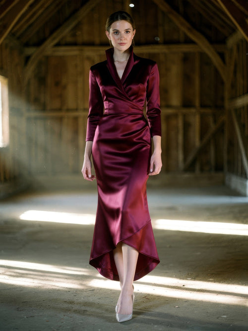 Merlot satin midi dress worn in an English tithe barn, showing the wrap front and asymmetric hem