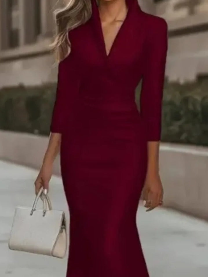 Wrap front, waist seam and three-quarter sleeves of the Merlot satin midi dress