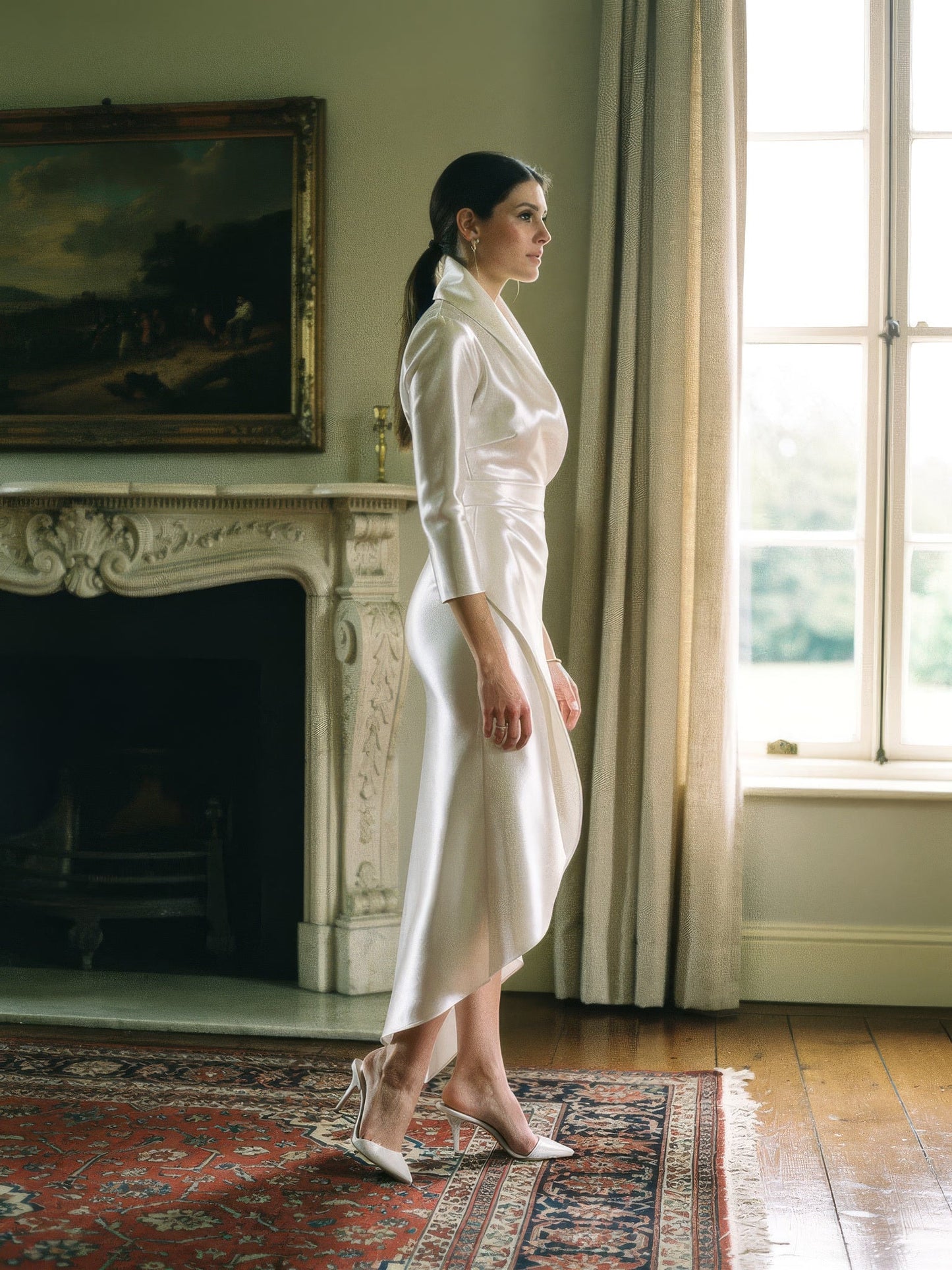 Pearl satin midi dress worn in profile in a country house drawing room