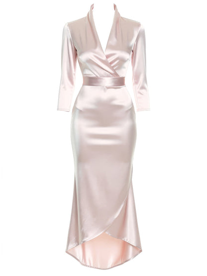 Satin midi dress in Petal Pink, front view on an invisible mannequin