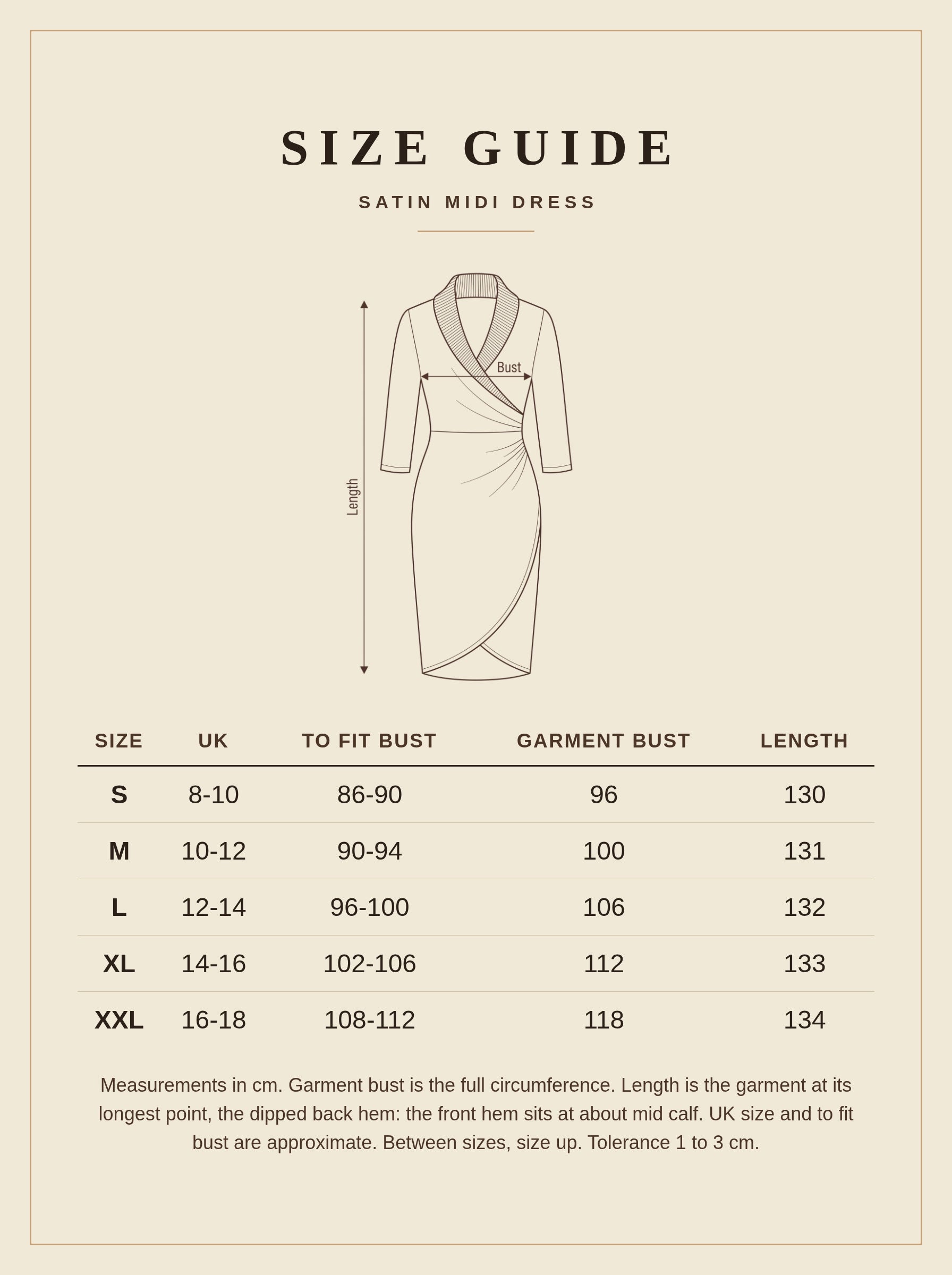Size guide for the satin midi dress, UK 8 to 18 with bust and length measurements in cm